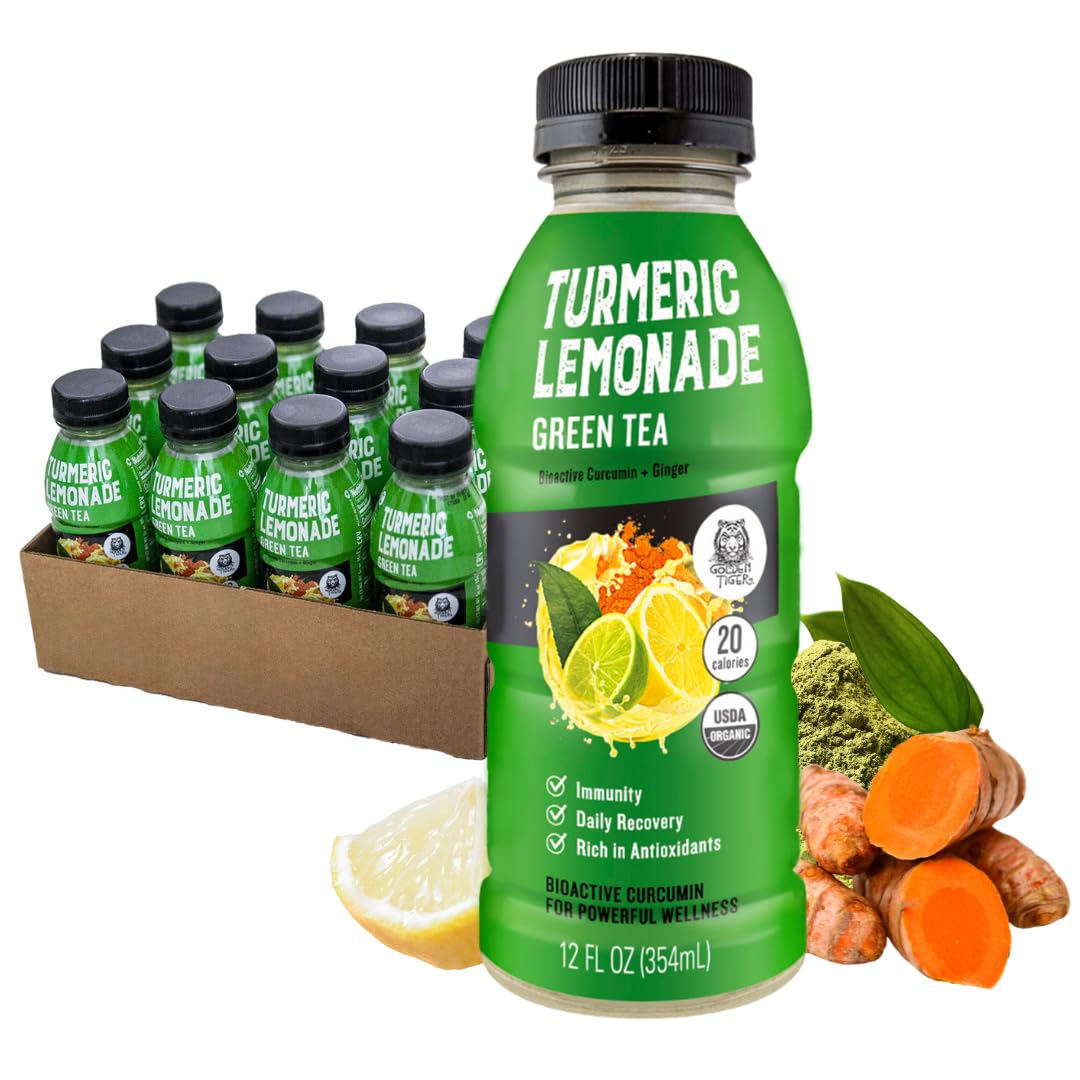 Golden Tiger Still Turmeric Lemonade, Green Tea - Organic Superfood-Infused Sports Drink With Curcumin & Ginger - Antioxidants For Recovery And Immunity, 4G Sugar (12 Bottles)