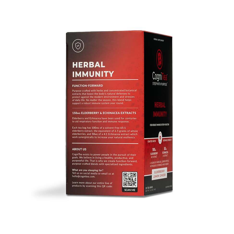 CogniTea Herbal Immunity Tea - Immune System Booster - 20 Count - Caffeine Free - Elderberry, Echinacea, Lemon & Ginger