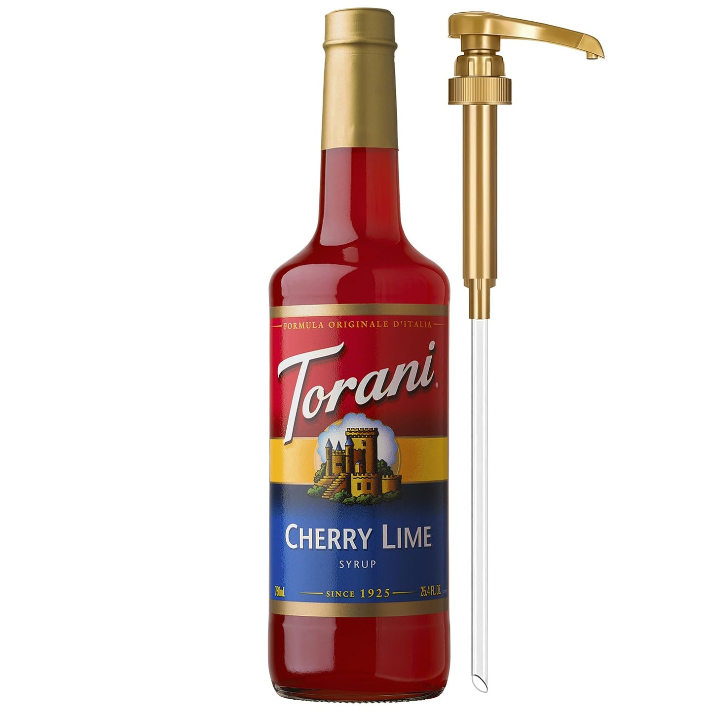 Torani Cherry Lime Syrup for Drinks, Flavoring for Iced Tea, Lemonade, Sodas, and Cocktails, Glass Bottle with Pump Included, 25