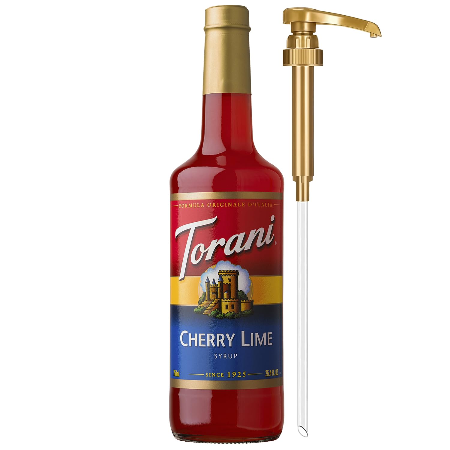 Torani Cherry Lime Syrup for Drinks, Flavoring for Iced Tea, Lemonade, Sodas, and Cocktails, Glass Bottle with Pump Included, 25