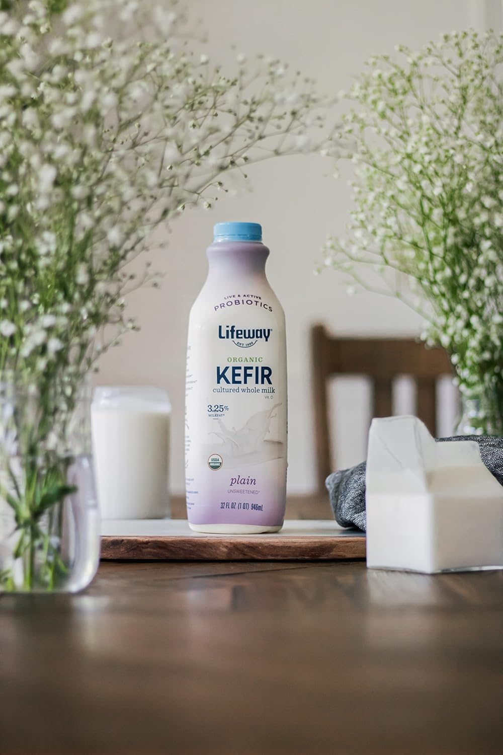 Lifeway Organic Whole Milk Kefir - 10g Protein, 12 Live Active Probiotic Cultures, Up to 99% Lactose Free, Gluten Free - Plain,