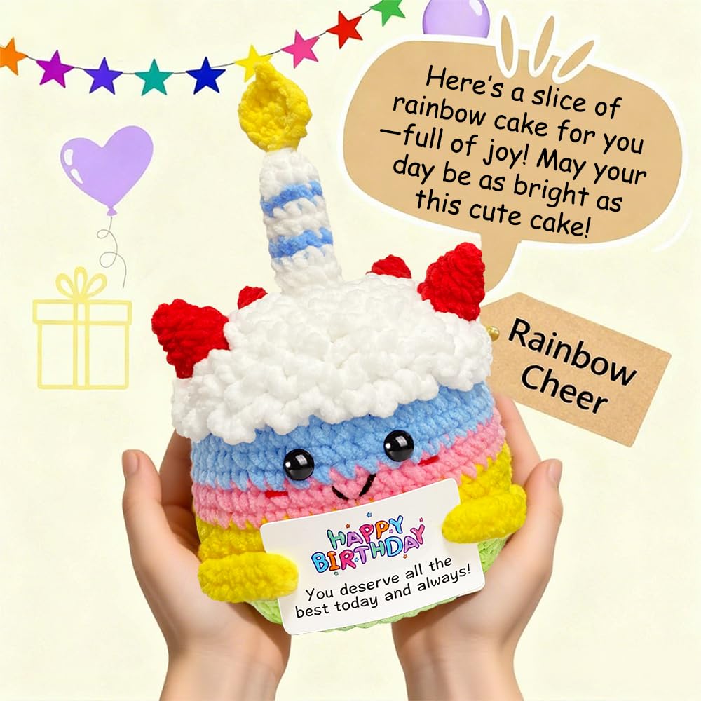 Happy Birthday Gifts For Women Her Girls Unique Emotional Support Crochet Positive Cake Plush Birthday Gift For Best Friend, Small Crochet Animal With Bday Card For Teen Mom Grandma Daughter Sister