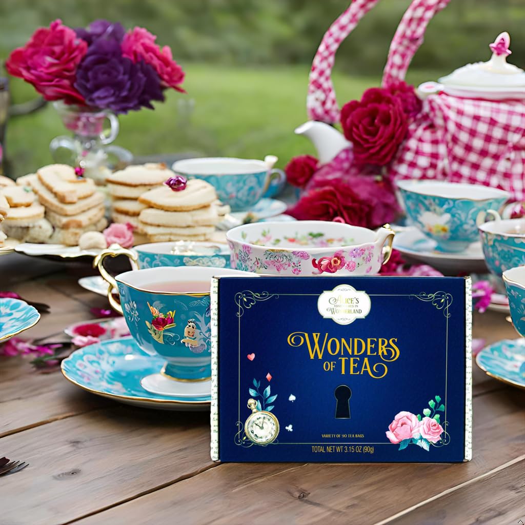 Alices Adventures in Wonderland  Wonder of Tea Gift Set  Tea Sampler includes 6 Flavors of Tea with Book Quotes and Illustrations  Set of 90