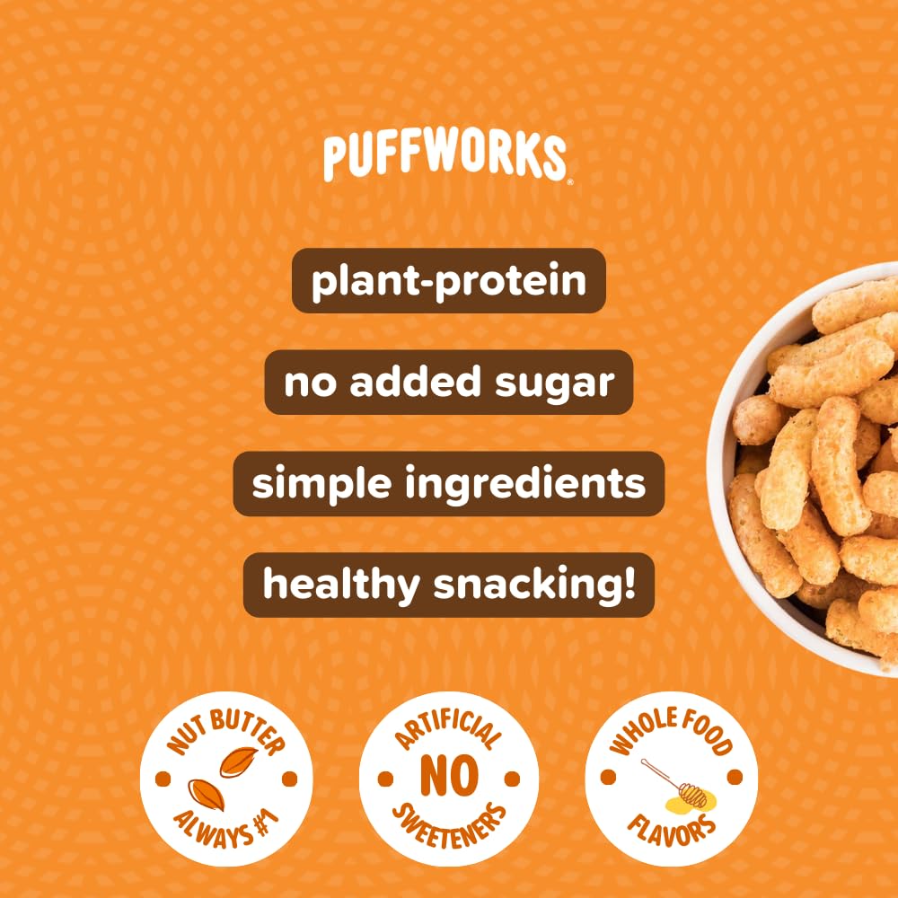 Puffworks Original Organic Peanut Butter Puffs, 1.2 Ounce (Pack of 6), Plant-Based Protein Snack, Gluten- and Rice-Free, Vegan,