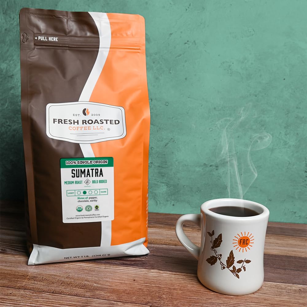 Fresh Roasted Coffee,100% Organic Sumatra | 5 Lb (80 Oz) | Single Origin | Medium Roast | Rfa Kosher | Whole Bean