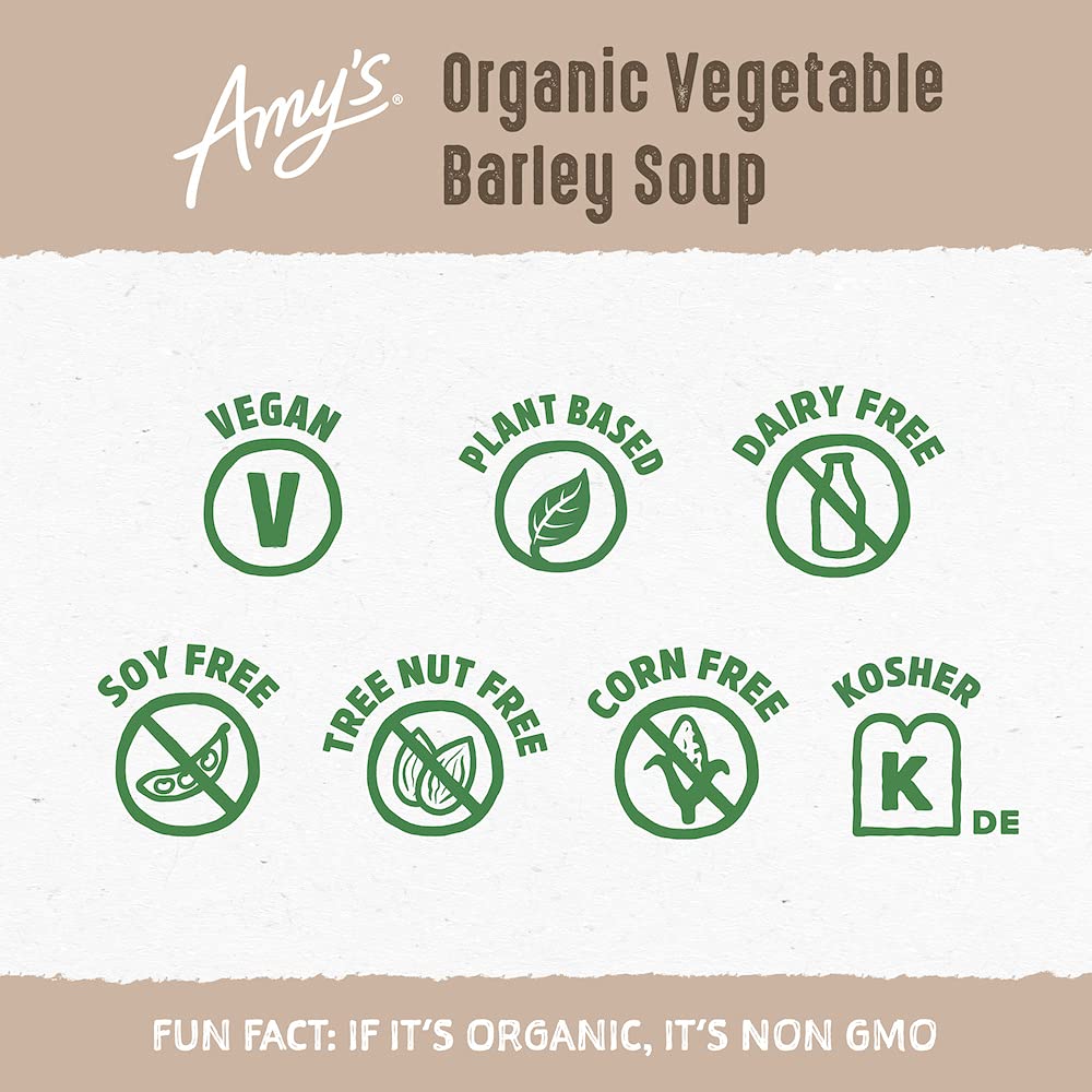 Amys Soup, Vegan Vegetable Barley Soup, Low Fat, Made With Organic Tomatoes, Carrots And Celery, Canned Soup, 14.1 Oz