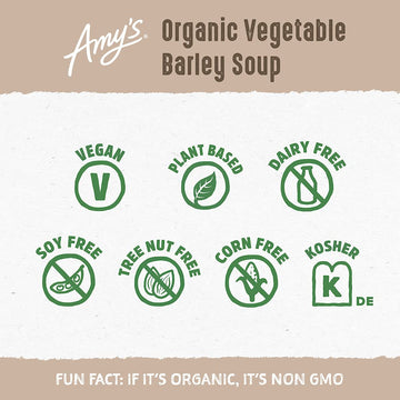 Amys Soup, Vegan Vegetable Barley Soup, Low Fat, Made With Organic Tomatoes, Carrots And Celery, Canned Soup, 14.1 Oz