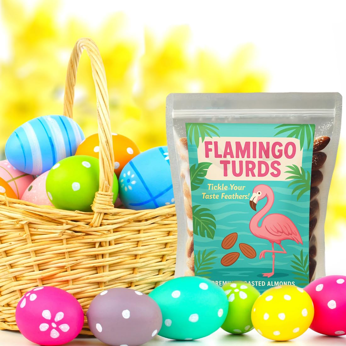 Flamingo Turds Premium Almonds: Exquisite Vibrant Tropical Delight, Expertly Roasted For Flamingo Lovers, Perfect For Unique Par