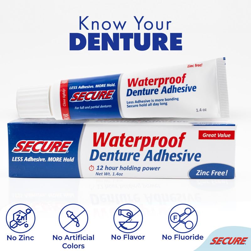 Secure Waterproof Denture Adhesive - Zinc Free - Extra Strong Hold For Upper Lower Or Partials - 14 Oz