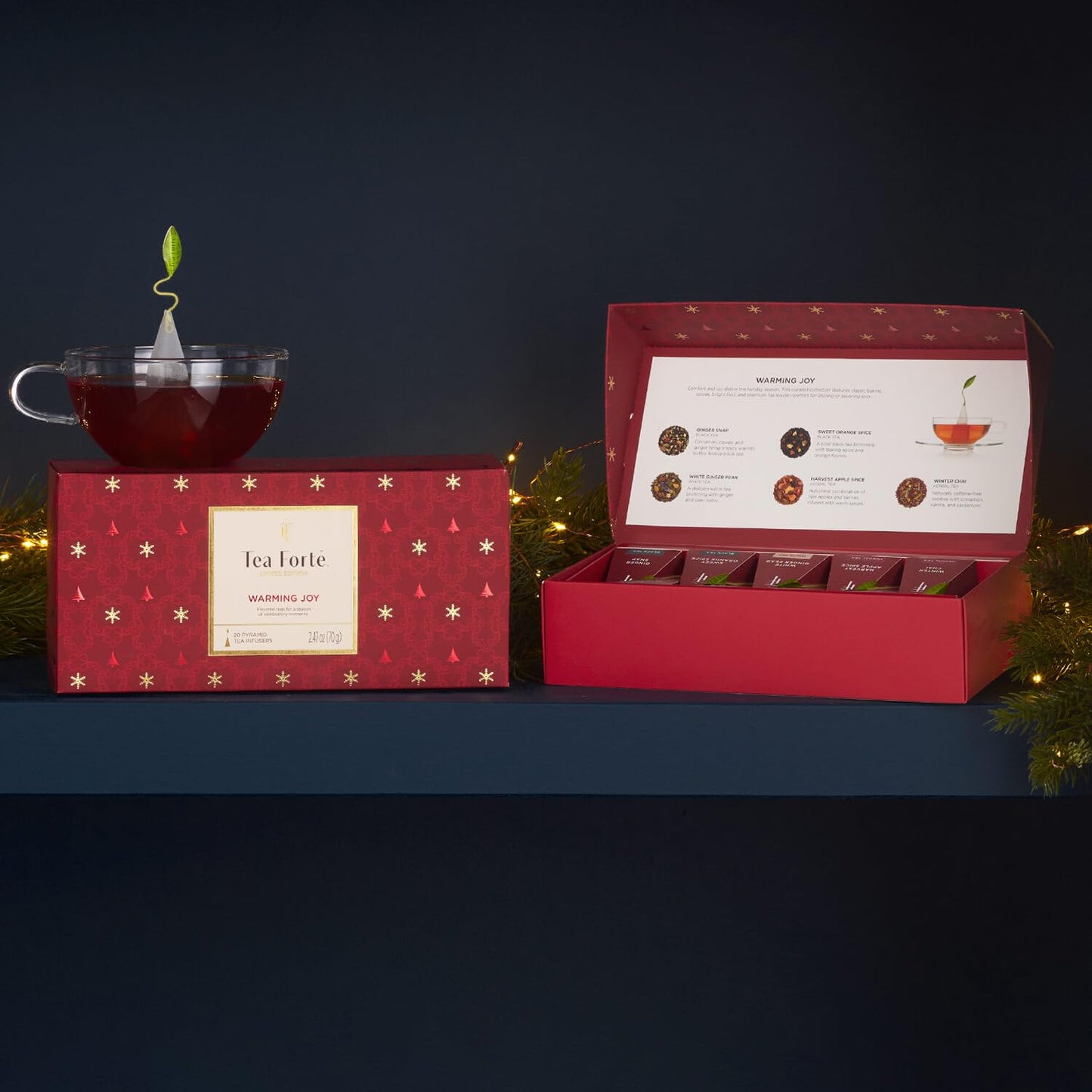 Tea Forte Warming Joy Holiday Enhanced Petite Presentation Box Gift Set Sampler, 10 Count, 2 Of Each Blend Individually Wrapped Handcrafted Pyramid Infuser Bags