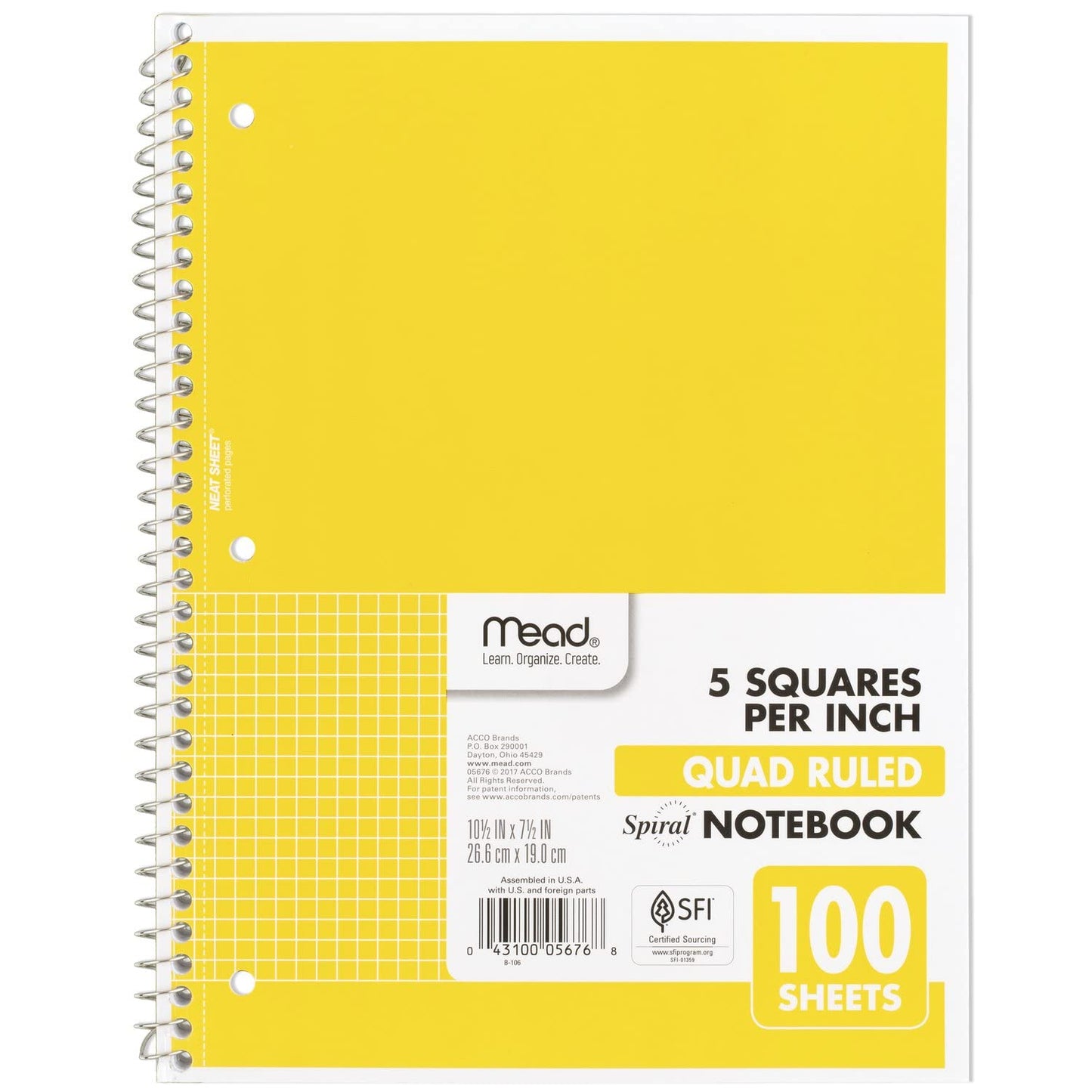 Mead Spiral Notebook, 1 Subject, Graph Ruled Paper, 7-1/2 x 10-1/2, 100 Sheets, Yellow (05676AZ7)