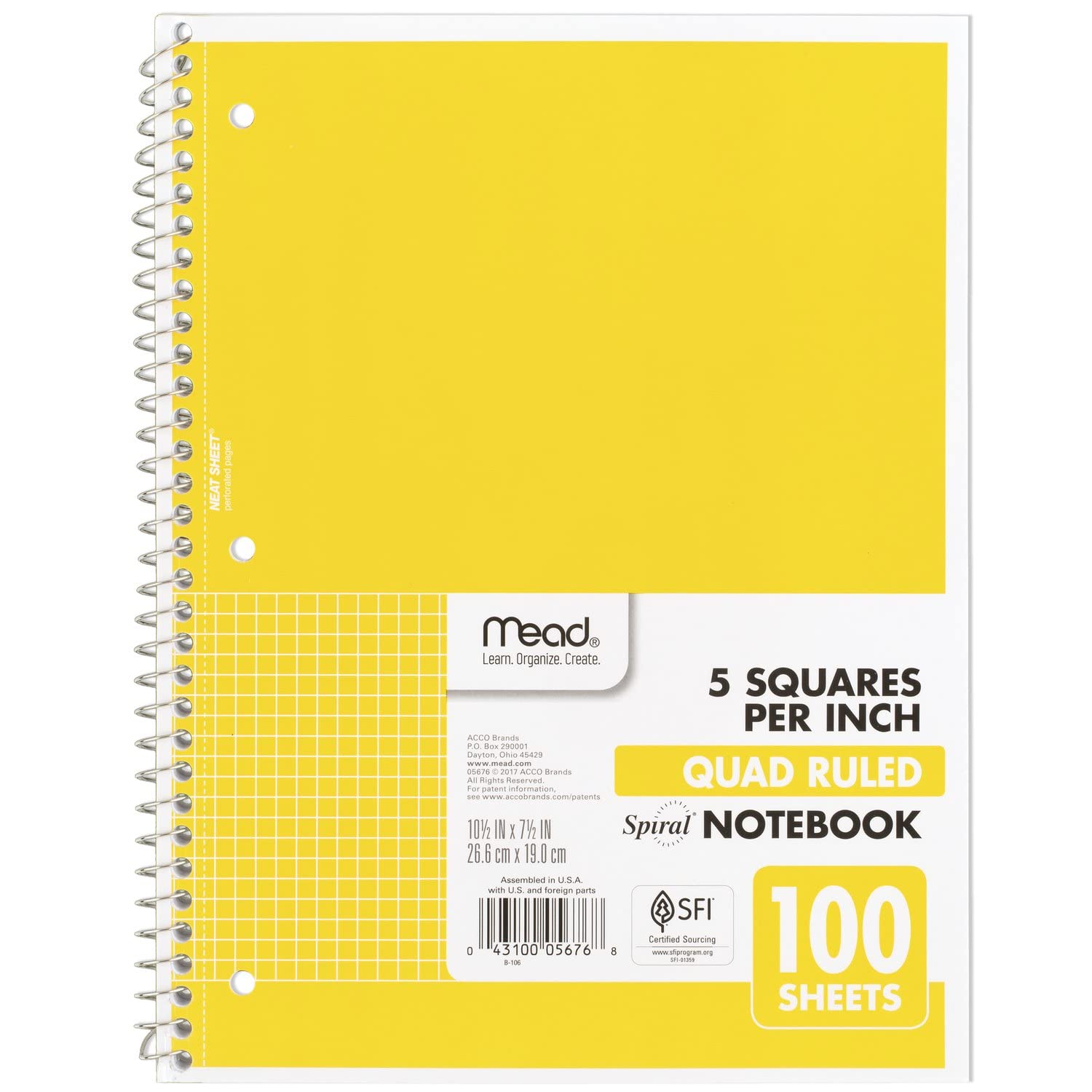 Mead Spiral Notebook, 1 Subject, Graph Ruled Paper, 7-1/2 x 10-1/2, 100 Sheets, Yellow (05676AZ7)