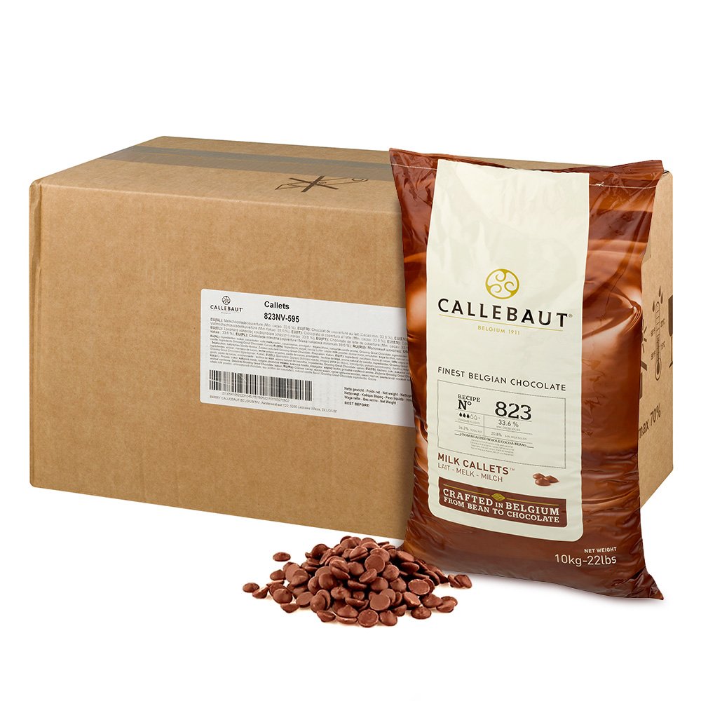 Callebaut 823 Milk Chocolate Callets - 44 LBS Belgian Baking Chocolate Callets - Min 30.2% Cocoa butter, 4.9% fat free cocoa, 6%