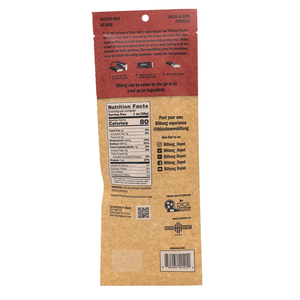 Carnivore Biltong Depot Original Beef Biltong Slab – 1lb (2 x 8oz) | High Protein | Zero Sugar | Gluten Free | Keto Friendly