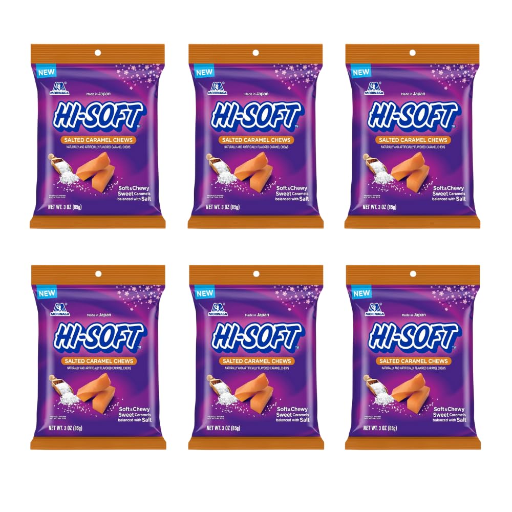 HI-SOFT Salted Caramel Chews, 6 Stand Up Pouches, 3 oz - Soft, Taffy Salted Caramel Chewy Candy for Sharing Treats - Bulk Candy