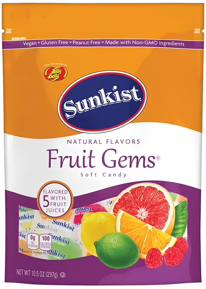Jelly Belly Sunkist Assorted Fruit Gems, Resealable 10.5 Ounce Pouch Bag - 5 Intense Fruit Flavors, non-GMO, Individually Wrappe