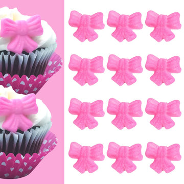 12Pk Shimmer Baby Pink Ribbon Bows Cake Cupcake Sugar Decoration Toppers