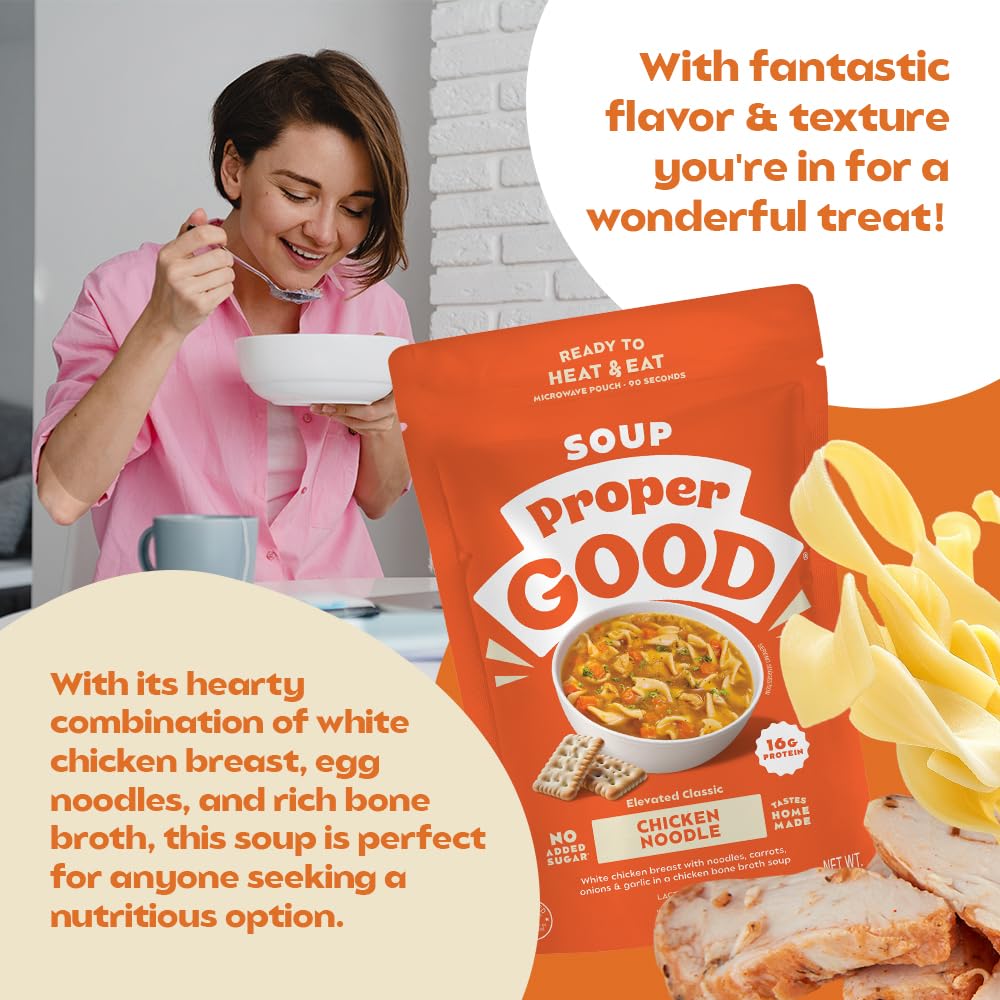 Proper Good Chicken Noodle Soup | Bone Broth Soup with Egg Noodles | Flavorful, Low-Carb Meal | Easy Lunch or Dinner with 16 Pro