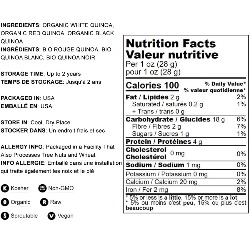 Food to Live Organic Tri-Color Quinoa, 10 Pounds - Non-GMO, Three-Color Blend of White, Black, and Red, Whole Grain, Non-Irradia