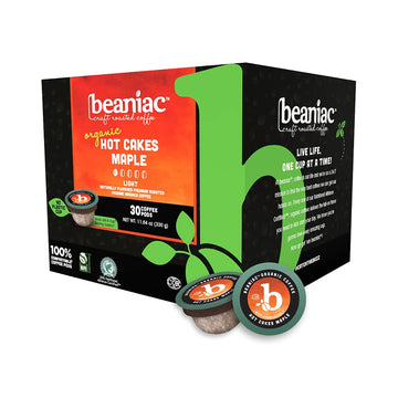 Beaniac Hot Cakes Maple, Flavored Light Roast, Single Serve Compostable K Cup Coffee Pods, Organic Arabica Coffee With Natural F