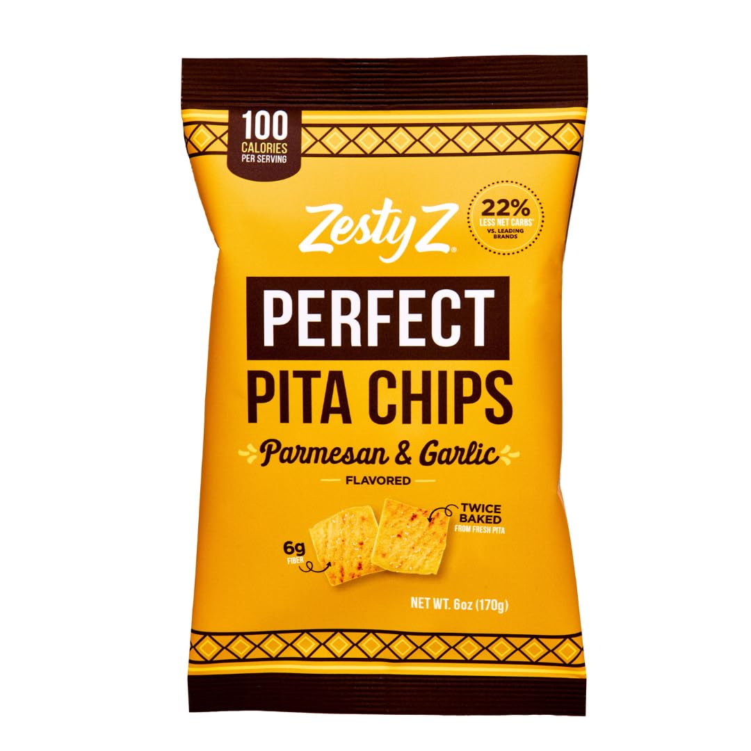 Zesty Z - High Fiber Pita Chip - Parmesan Garlic - High Fiber Snacks, 100 calories per serving, Lower in Carbs - Healthy Snacks 