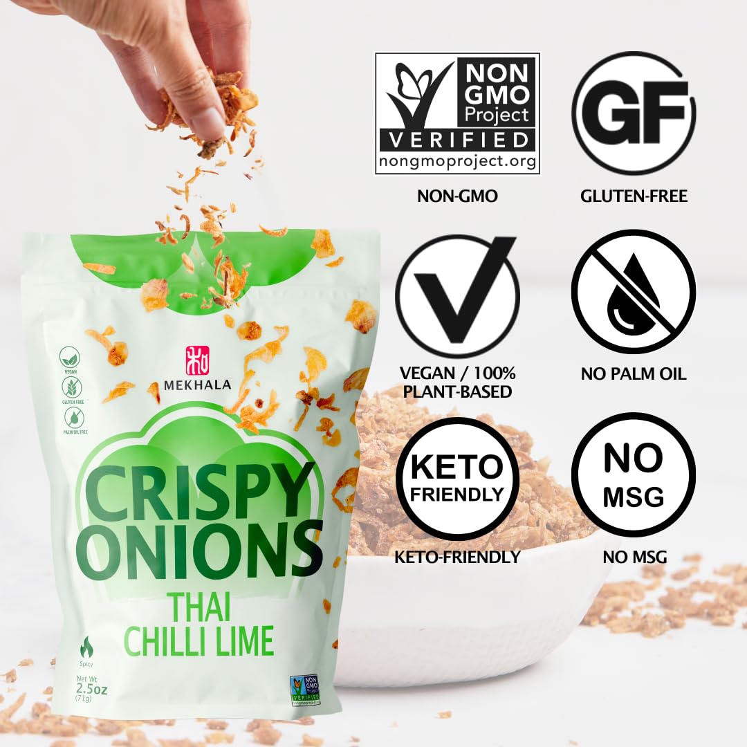 Mekhala Thai Chili Lime Crispy Onions - Salad Toppings Crunchy Fried Onions For All-Purpose Seasoning Like Keto, Ramen Toppings,