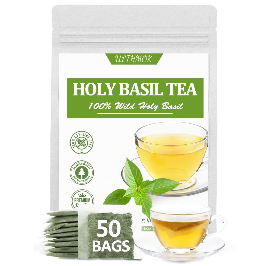 Enhanced 50 Holy Basil Tea Bags, Made With 100% Natural Tulsi Wild Holy Basil Leaves, No Additives & Caffeine Free.