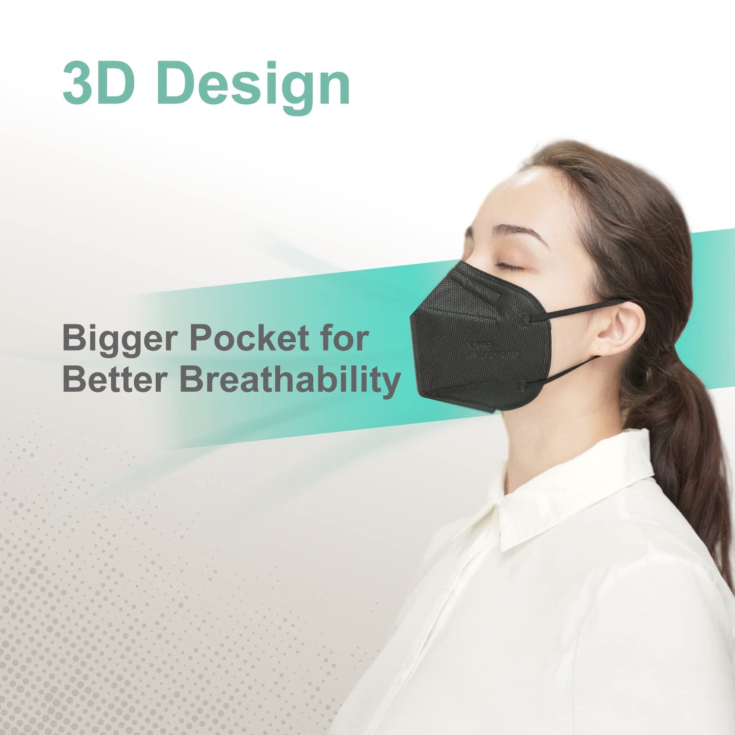 Medtecs KN95 Face Masks - 50 Count, Black, 5 Ply Protection, Extra Wide Ear Loops, ? 95% Filtration Efficiency, Mask Extender Included