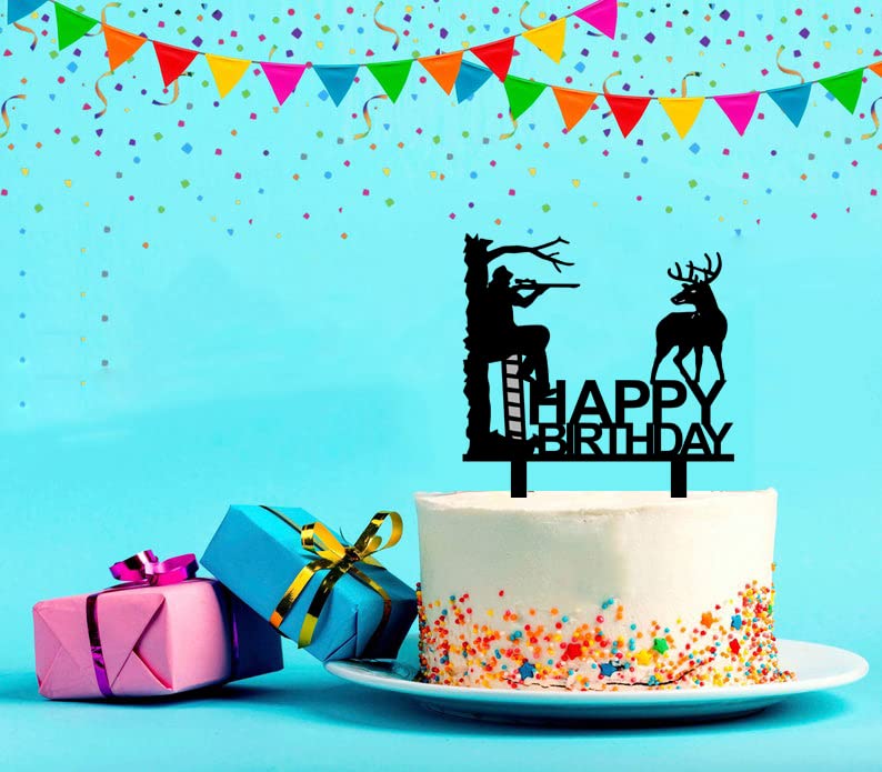 Ximoogoooz Hunting Birthday Cake Topper - Hunter In Tree Stand Aiming The Deer - Camping Themed Deer Hunter Cake Topper For Men'