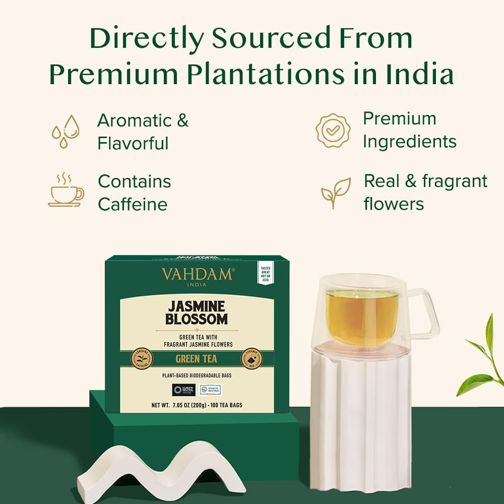 VAHDAM Jasmine Green Tea Bags, 100 Count, Non-GMO, High Grown Green Tea with Pure Jasmine Flowers, Resealable Ziplock Pouch