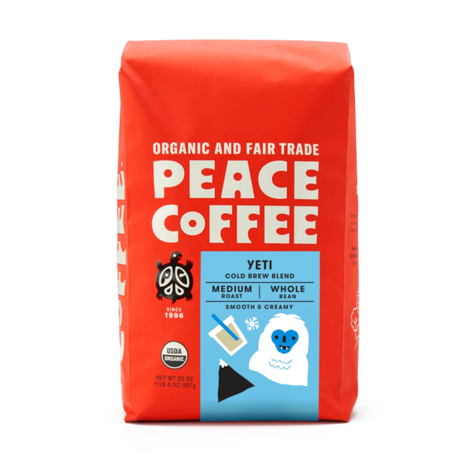 Peace Coffee Yeti Cold Brew Blend | 20 Oz Medium Roast Whole Bean | Organic Fair Trade | Smooth, Rich Flavor | Shade Grown, Fresh Roasted