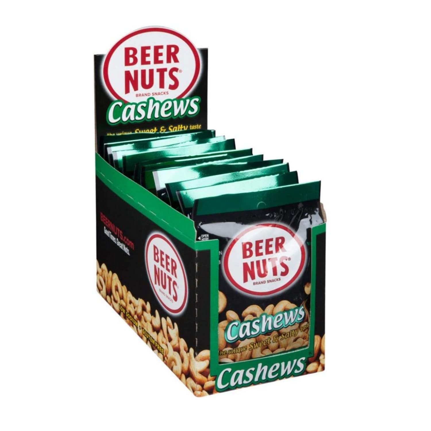 BEER NUTS Cashews - Gourmet Sweet and Salty Snack - Gluten Free, Low Sodium - 2oz Pack (12 Pack)