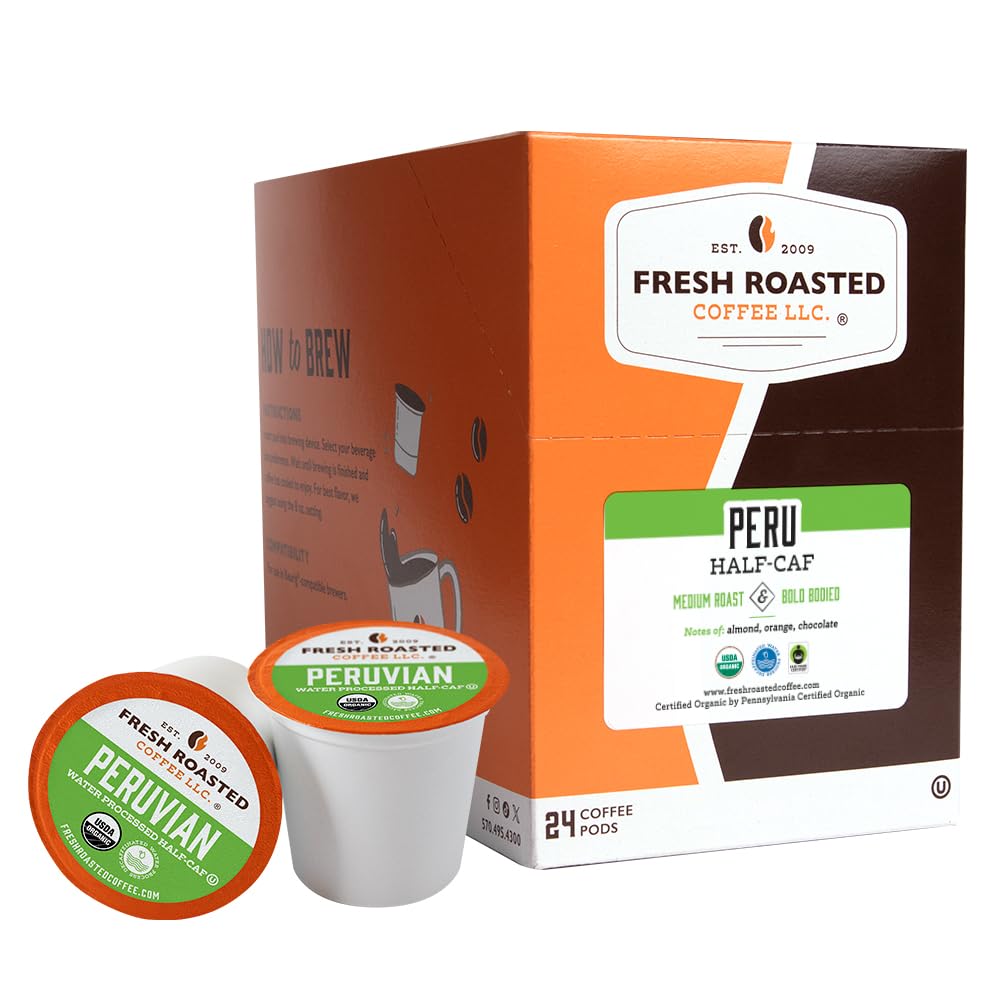 Fresh Roasted Coffee Half-Caf, Organic Peru, Fair Trade, K-Cup Compatible, 24 Pods