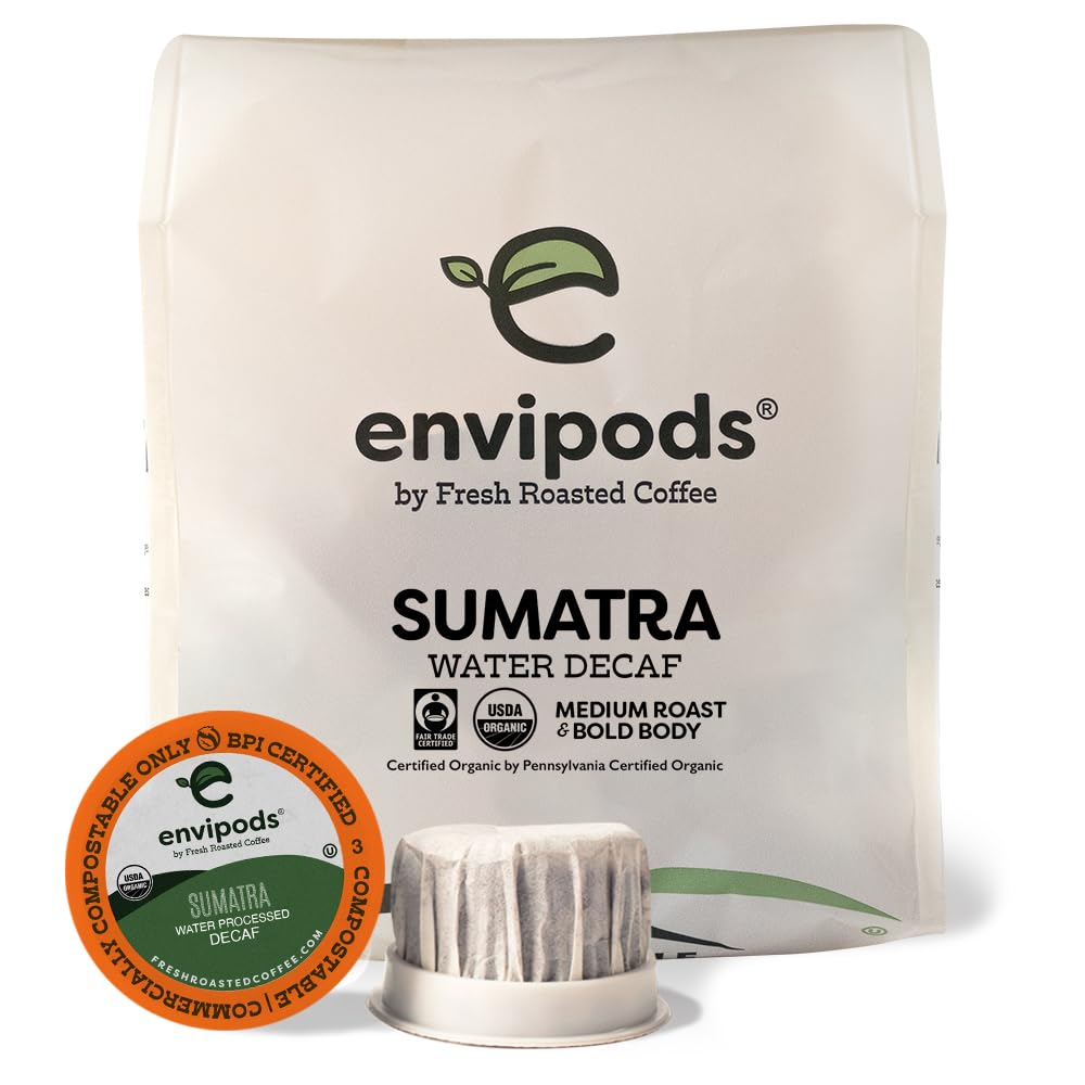Fresh Roasted Coffee Organic Sumatra Decaf Envipods, Medium Roast, 12 Count, Compostable, USDA Organic, Kosher