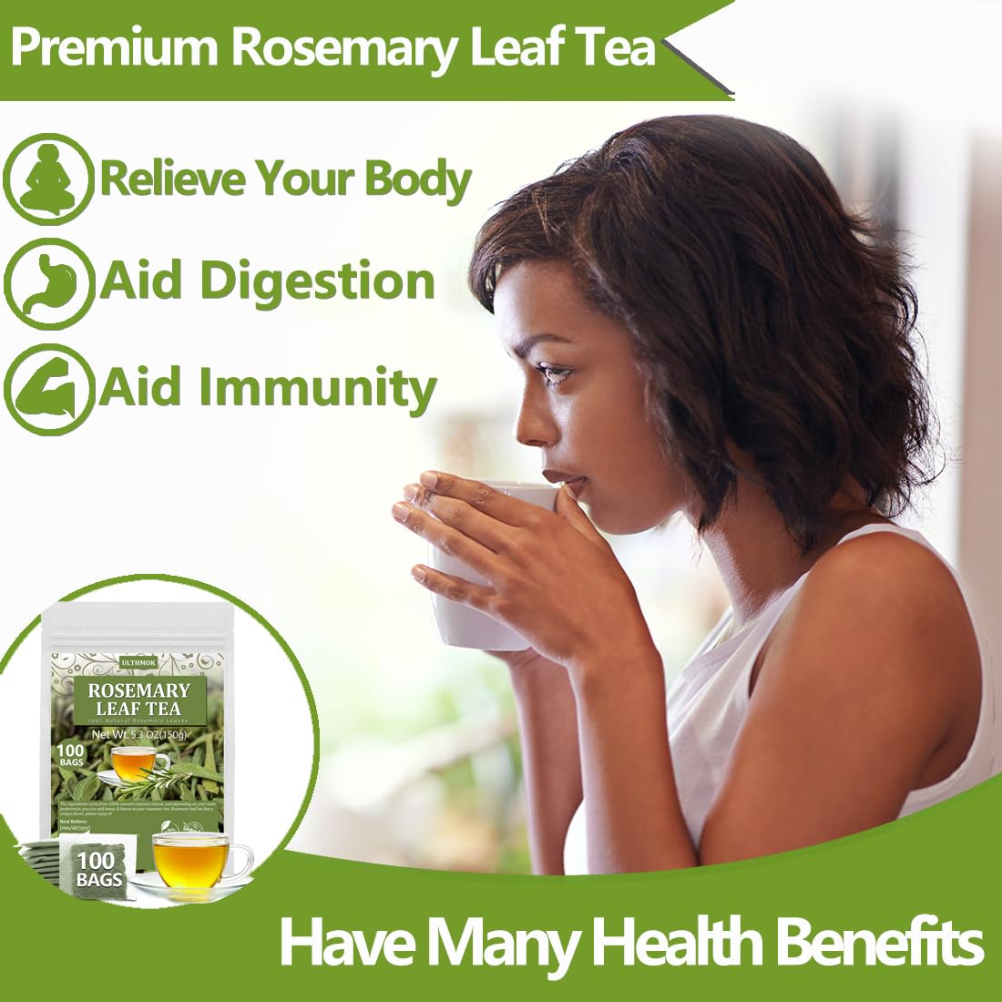 ULTHMOK Premium Rosemary Tea Bags - 100% Pure Natural Rosemary, Caffeine Free, 100 Count