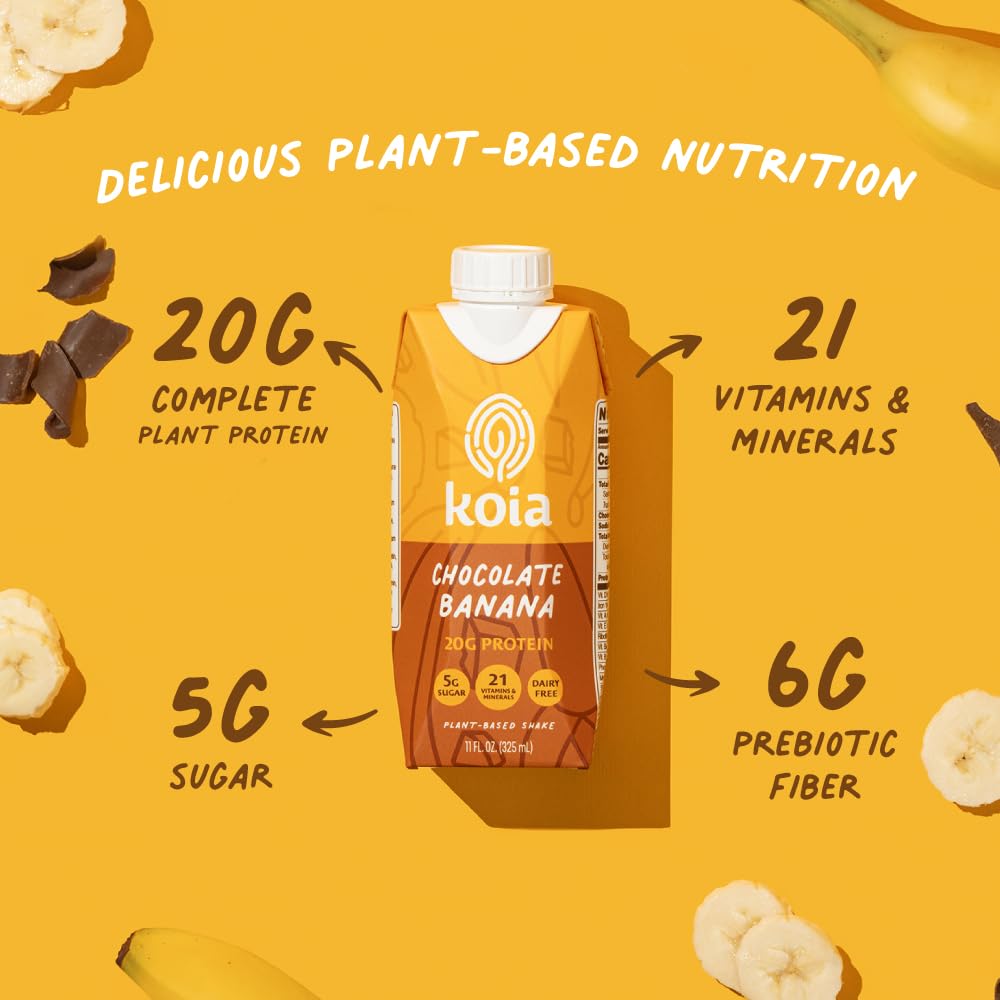 Koia Plant Based Protein Shake - Chocolate Banana - 20g Protein, 5g Sugar - 11 fl oz, Pack of 12 - Dairy Free, Non-GMO