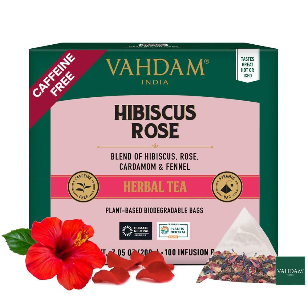 VAHDAM Hibiscus Flowers Herbal Tea Bags, Caffeine Free, Non GMO, Gluten Free, 100 Count, Resealable Ziplock Pouch