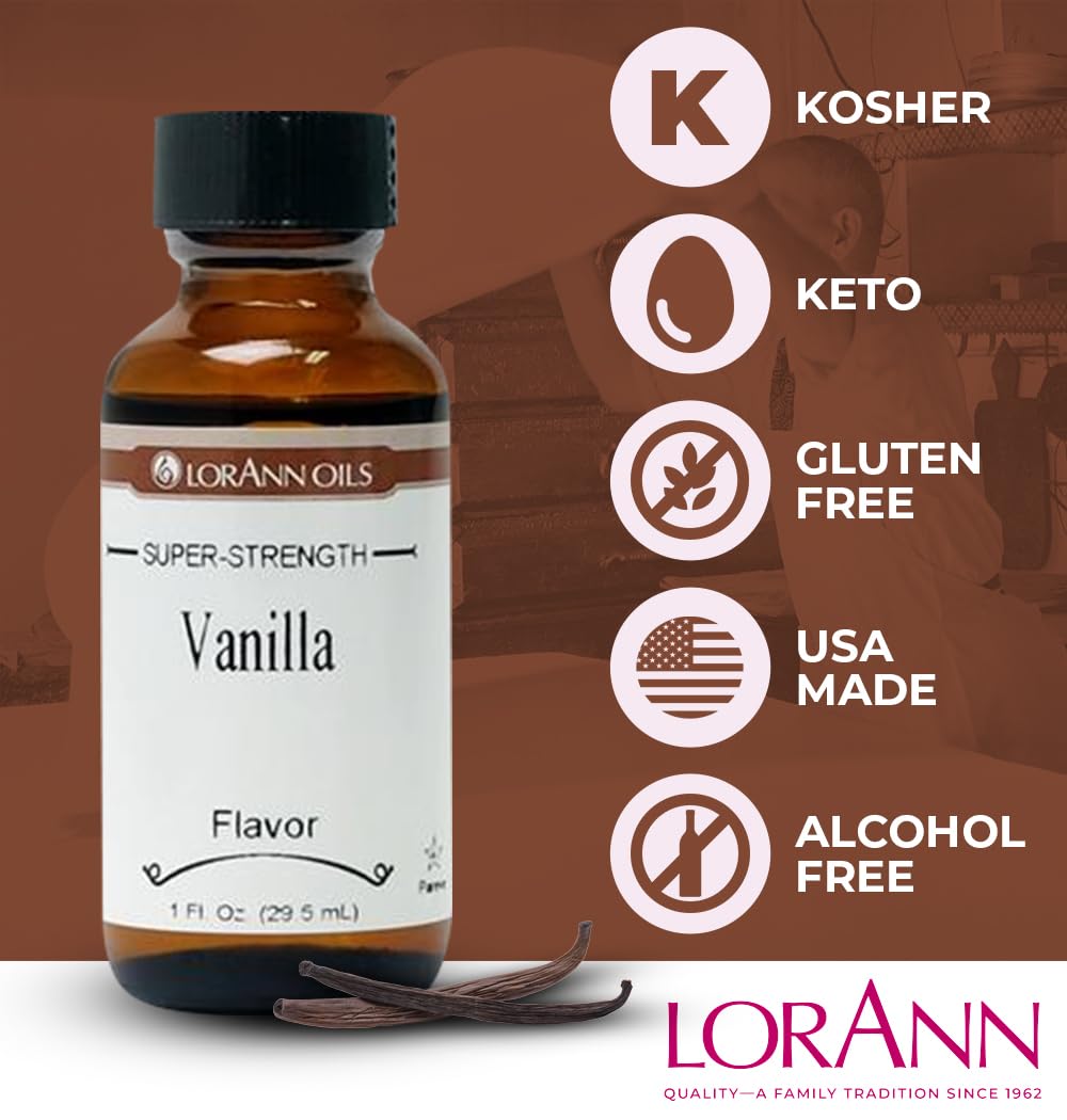 LorAnn Oils Super Strength Flavoring - Vanilla, 1 fl oz, Clear Liquid, Model 0690, Ideal for Candy Making and Baking