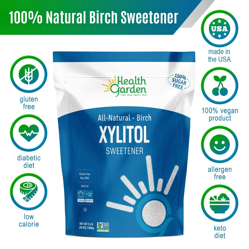 Health Garden Birch Xylitol Sweetener - 5 LBS Resealable Bag - Pure Birch Xylitol - Non GMO  Kosher  and Made in the U.S.A. - Ideal Powdered Sugar Substitute - Non-GMO Sugar Alternative