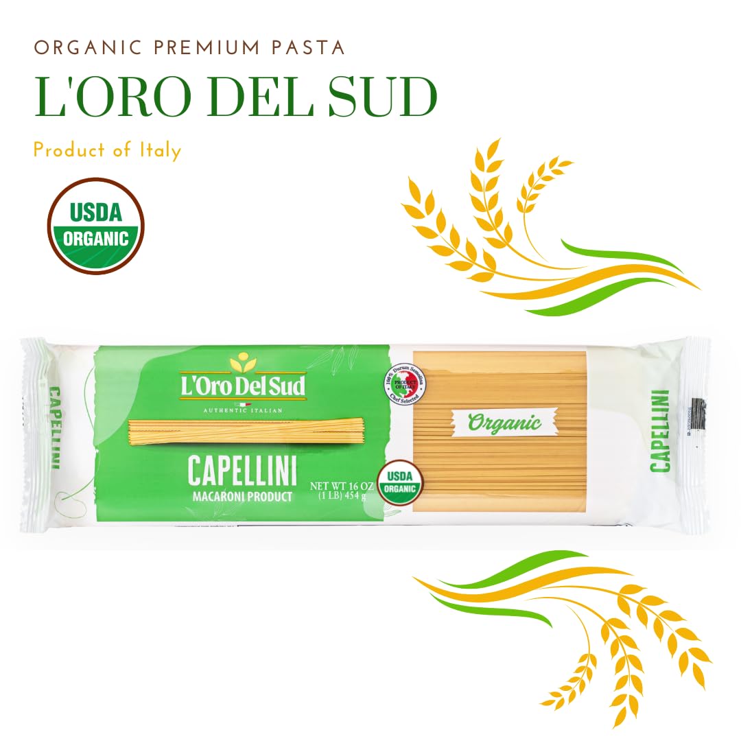 L'Oro Del Sud Organic Capellini, 100% Durum Wheat, Italian Pasta, Premium Quality Product Of Italy (4 Pack X 16 Oz) Non Gmo, Veg