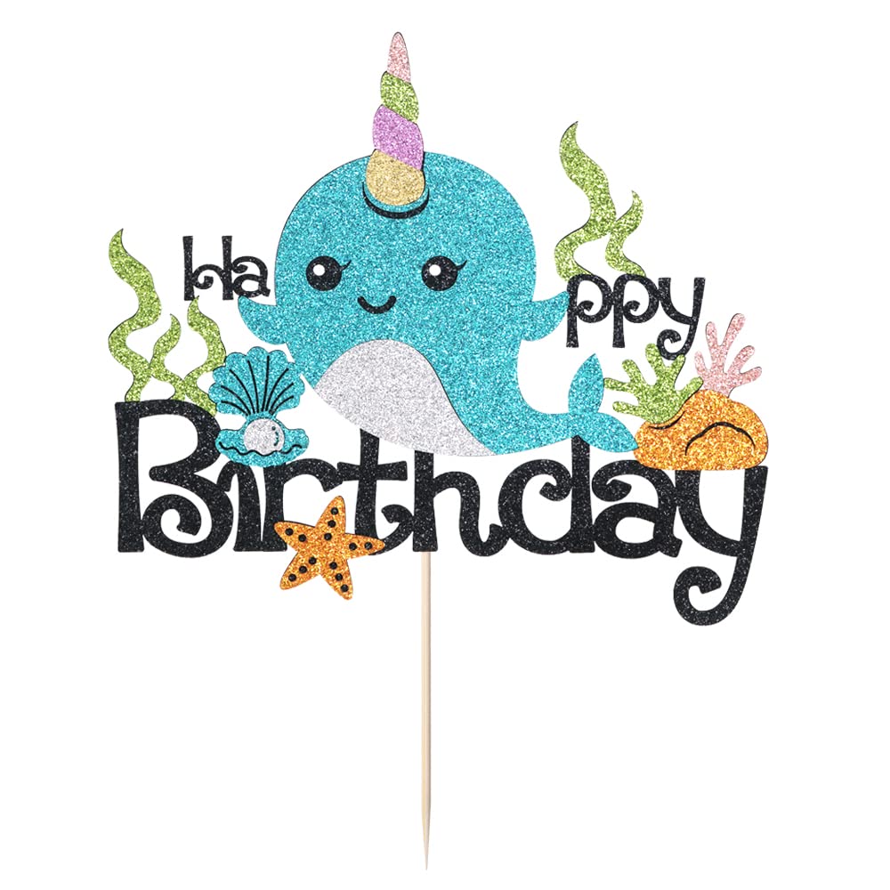 Bekaterea Narwhal Cake Topper, Blue Ocean Themed Birthday Decor, 1 Count