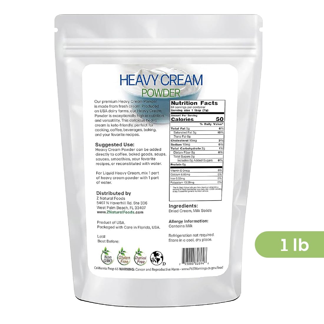 Z Natural Foods Heavy Cream Powder - Nutrient-Dense, Keto-Friendly, Gluten-Free, 1 lb, White
