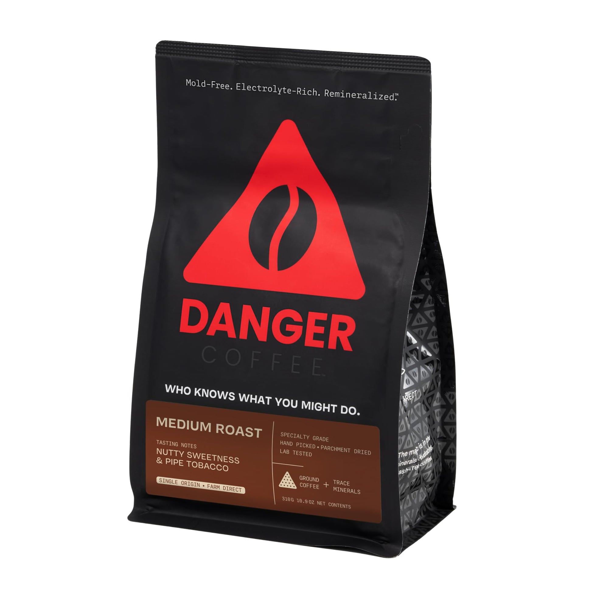 Danger Coffee Medium Roast Ground Coffee, Mold Free & Lab Tested, 10.9 Ounce