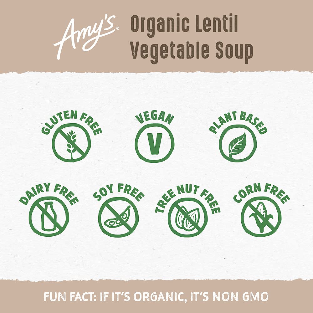 Amy’S Soup, Vegan Lentil Vegetable Soup, Gluten Free, Made With Organic Vegetables, Canned Soup, 14.5 Oz (12 Pack)