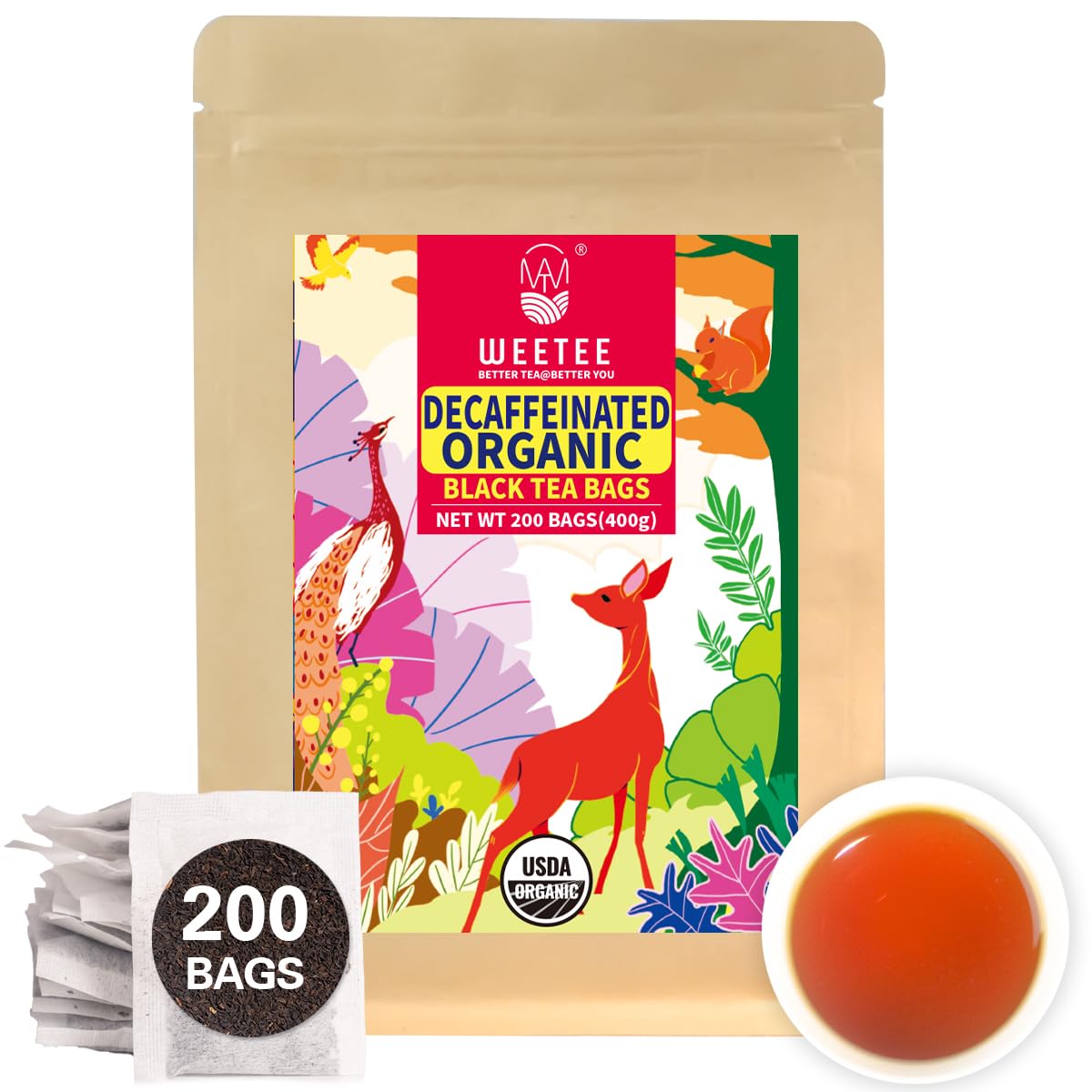 Wt Weetee Organic Decaf Black Tea Bags, Organic Decaffeinated Black Tea 200 Count | Smooth & Mild Taste | Co2-Decaffeinated | Resealable Kraft Bag