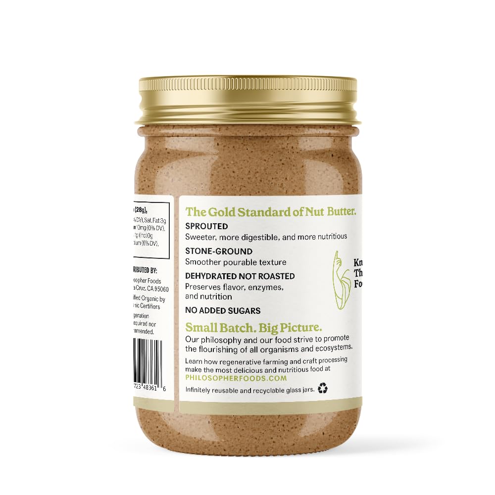 Philosopher Foods Creamy Alchemy Sprouted Almond Nut Butter, 16 Oz. - Silky Smooth Pourable Organic Butter, Natural Sweetness, S