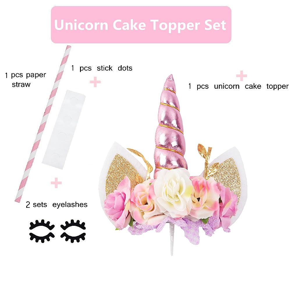 Nishine Rose Floral Unicorn Cake Topper - Birthday Party Decoration, 14cm x 14cm x 3cm, Pink & Ivory