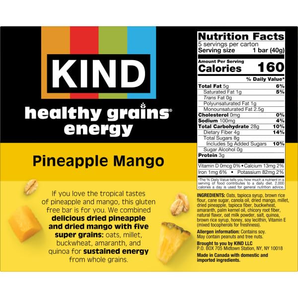 KIND Healthy Grains Energy Bars  Pineapple Mango  20g Whole Grains  Made with Super Grains  Gluten Free Snacks  40 Ct.