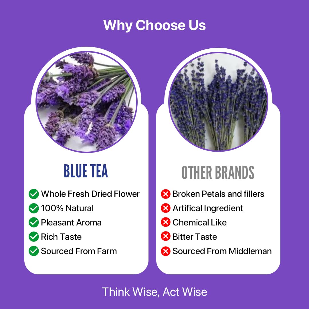 Blue Tea - Lavender Tea - 1.05 Oz (30+ Cups) Loose | Soothing Tea | Herbal Tea - Flower Based - Caffeine Free - Vegan - Non-Gmo - No-Bitter - Chemical Fee | Reusable Pet Jar