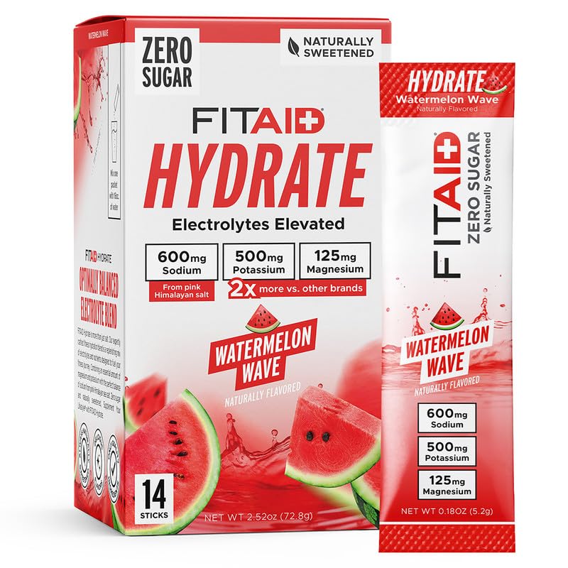 LIFEAID FITAID Hydrate Clean Electrolyte Mix  Zero Sugar  Balanced Electrolyte Ratios: 600mg Sodium  500mg Potassium  125mg Magnesium  Watermelon Wave  for Exercise & Active Hydration  14 Sticks